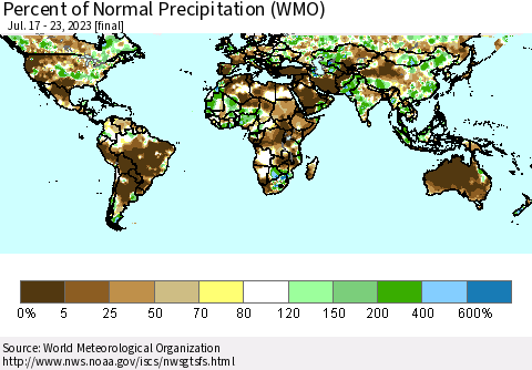 World Percent of Normal Precipitation (WMO) Thematic Map For 7/17/2023 - 7/23/2023