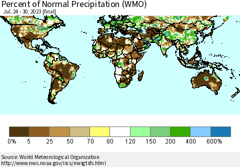 World Percent of Normal Precipitation (WMO) Thematic Map For 7/24/2023 - 7/30/2023