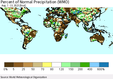 World Percent of Normal Precipitation (WMO) Thematic Map For 8/7/2023 - 8/13/2023