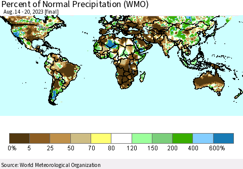 World Percent of Normal Precipitation (WMO) Thematic Map For 8/14/2023 - 8/20/2023