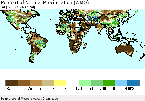 World Percent of Normal Precipitation (WMO) Thematic Map For 8/21/2023 - 8/27/2023