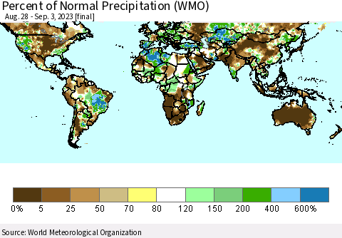 World Percent of Normal Precipitation (WMO) Thematic Map For 8/28/2023 - 9/3/2023