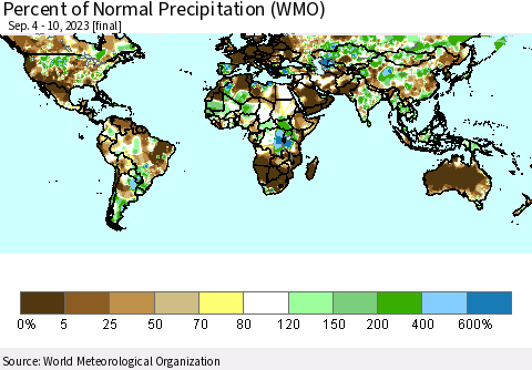 World Percent of Normal Precipitation (WMO) Thematic Map For 9/4/2023 - 9/10/2023