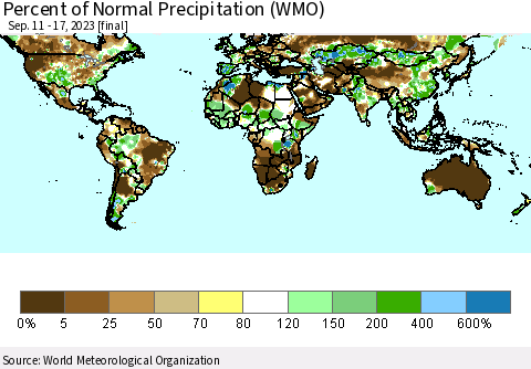 World Percent of Normal Precipitation (WMO) Thematic Map For 9/11/2023 - 9/17/2023