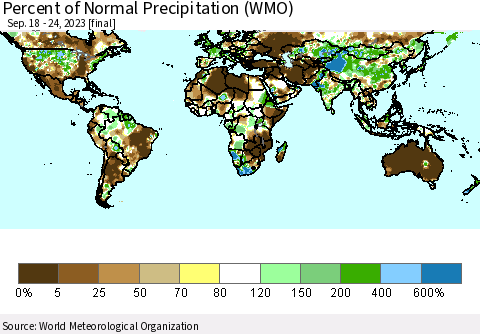 World Percent of Normal Precipitation (WMO) Thematic Map For 9/18/2023 - 9/24/2023