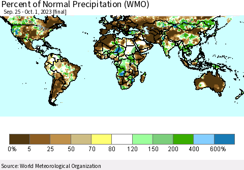 World Percent of Normal Precipitation (WMO) Thematic Map For 9/25/2023 - 10/1/2023