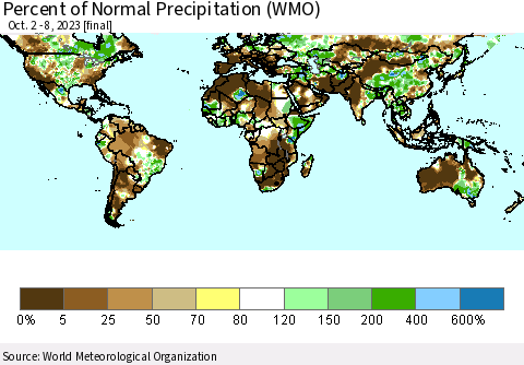 World Percent of Normal Precipitation (WMO) Thematic Map For 10/2/2023 - 10/8/2023