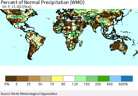 World Percent of Normal Precipitation (WMO) Thematic Map For 10/9/2023 - 10/15/2023