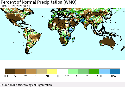 World Percent of Normal Precipitation (WMO) Thematic Map For 10/16/2023 - 10/22/2023