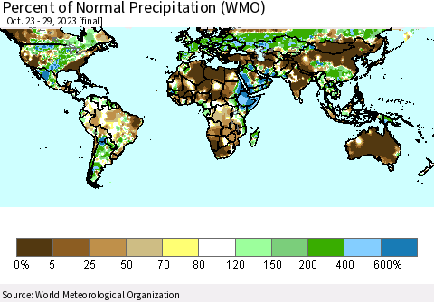 World Percent of Normal Precipitation (WMO) Thematic Map For 10/23/2023 - 10/29/2023