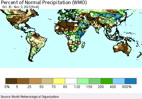 World Percent of Normal Precipitation (WMO) Thematic Map For 10/30/2023 - 11/5/2023