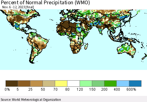 World Percent of Normal Precipitation (WMO) Thematic Map For 11/6/2023 - 11/12/2023