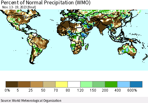 World Percent of Normal Precipitation (WMO) Thematic Map For 11/13/2023 - 11/19/2023