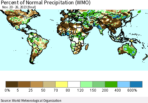 World Percent of Normal Precipitation (WMO) Thematic Map For 11/20/2023 - 11/26/2023