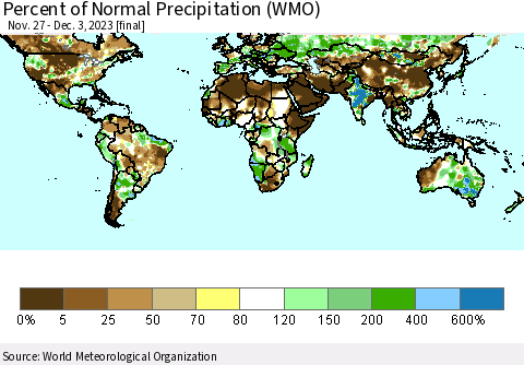 World Percent of Normal Precipitation (WMO) Thematic Map For 11/27/2023 - 12/3/2023
