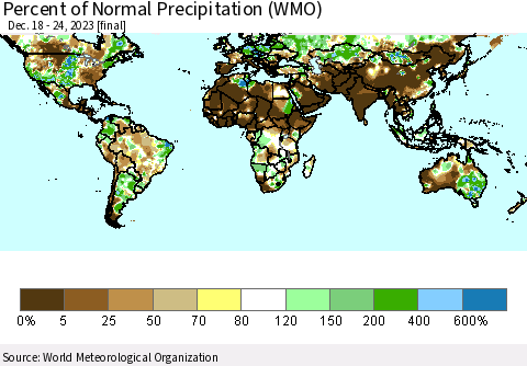 World Percent of Normal Precipitation (WMO) Thematic Map For 12/18/2023 - 12/24/2023