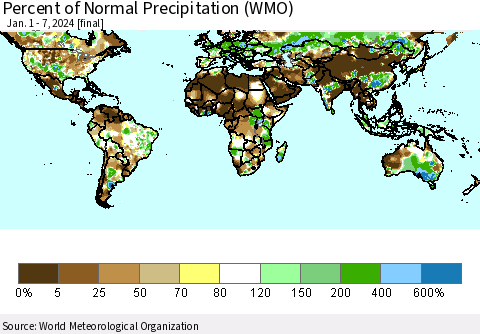 World Percent of Normal Precipitation (WMO) Thematic Map For 1/1/2024 - 1/7/2024