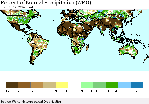 World Percent of Normal Precipitation (WMO) Thematic Map For 1/8/2024 - 1/14/2024