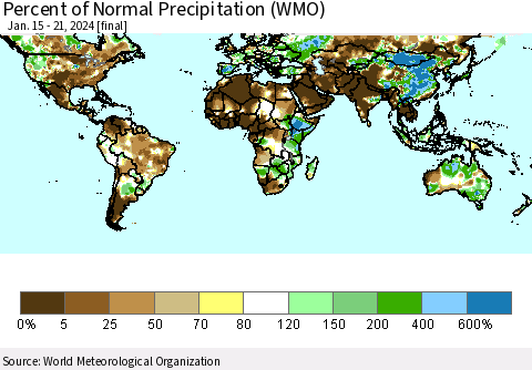 World Percent of Normal Precipitation (WMO) Thematic Map For 1/15/2024 - 1/21/2024