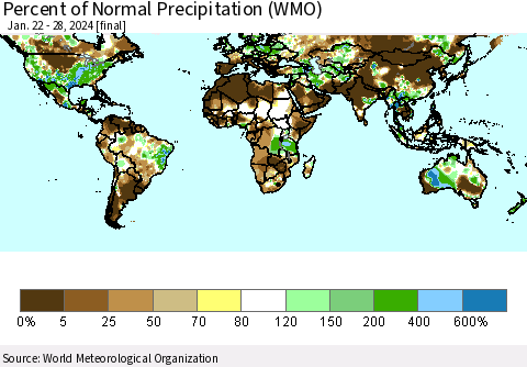 World Percent of Normal Precipitation (WMO) Thematic Map For 1/22/2024 - 1/28/2024