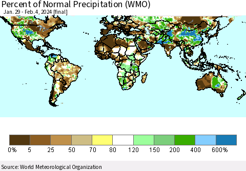 World Percent of Normal Precipitation (WMO) Thematic Map For 1/29/2024 - 2/4/2024