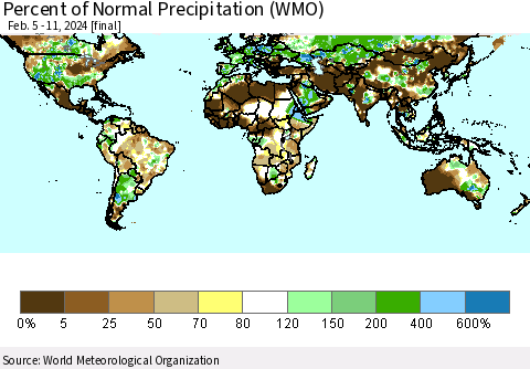 World Percent of Normal Precipitation (WMO) Thematic Map For 2/5/2024 - 2/11/2024