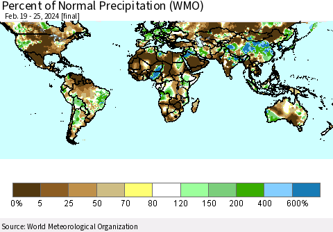 World Percent of Normal Precipitation (WMO) Thematic Map For 2/19/2024 - 2/25/2024