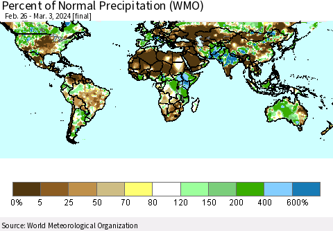 World Percent of Normal Precipitation (WMO) Thematic Map For 2/26/2024 - 3/3/2024