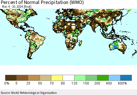 World Percent of Normal Precipitation (WMO) Thematic Map For 3/4/2024 - 3/10/2024