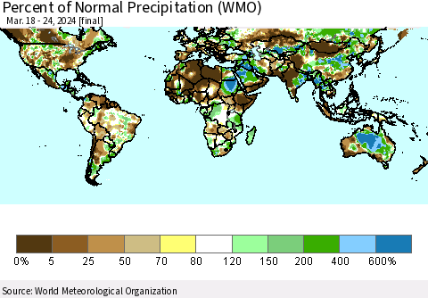 World Percent of Normal Precipitation (WMO) Thematic Map For 3/18/2024 - 3/24/2024