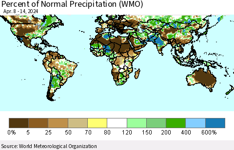 World Percent of Normal Precipitation (WMO) Thematic Map For 4/8/2024 - 4/14/2024