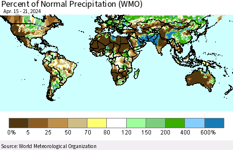 World Percent of Normal Precipitation (WMO) Thematic Map For 4/15/2024 - 4/21/2024