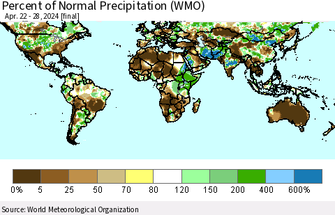 World Percent of Normal Precipitation (WMO) Thematic Map For 4/22/2024 - 4/28/2024