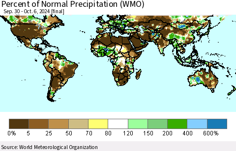World Percent of Normal Precipitation (WMO) Thematic Map For 9/30/2024 - 10/6/2024
