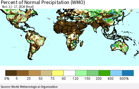 World Percent of Normal Precipitation (WMO) Thematic Map For 11/11/2024 - 11/17/2024