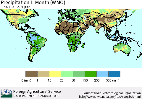 World Precipitation 1-Month (WMO) Thematic Map For 1/1/2021 - 1/31/2021