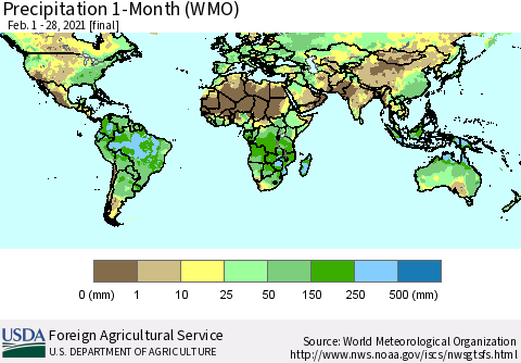 World Precipitation 1-Month (WMO) Thematic Map For 2/1/2021 - 2/28/2021