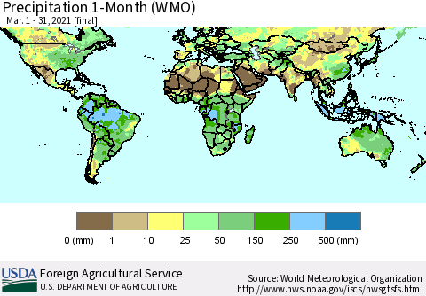 World Precipitation 1-Month (WMO) Thematic Map For 3/1/2021 - 3/31/2021