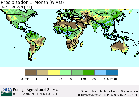 World Precipitation 1-Month (WMO) Thematic Map For 8/1/2021 - 8/31/2021