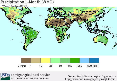 World Precipitation 1-Month (WMO) Thematic Map For 11/1/2021 - 11/30/2021