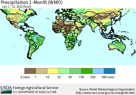 World Precipitation 1-Month (WMO) Thematic Map For 1/1/2022 - 1/31/2022