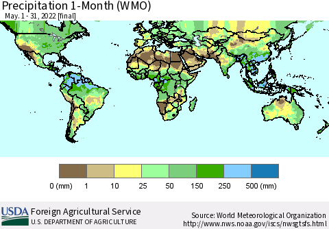 World Precipitation 1-Month (WMO) Thematic Map For 5/1/2022 - 5/31/2022