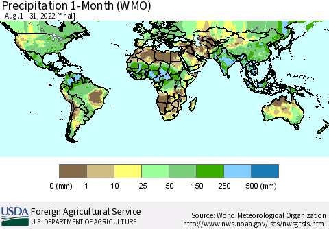 World Precipitation 1-Month (WMO) Thematic Map For 8/1/2022 - 8/31/2022