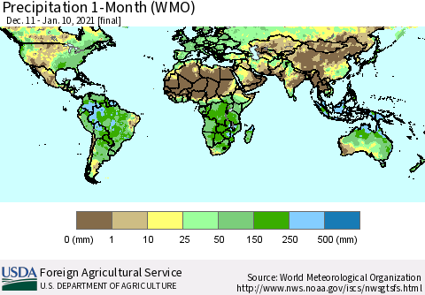 World Precipitation 1-Month (WMO) Thematic Map For 12/11/2020 - 1/10/2021