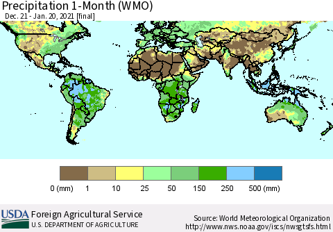 World Precipitation 1-Month (WMO) Thematic Map For 12/21/2020 - 1/20/2021