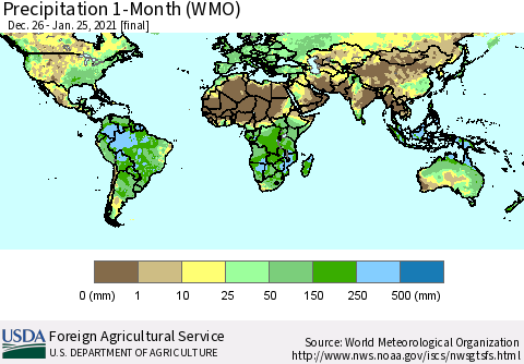 World Precipitation 1-Month (WMO) Thematic Map For 12/26/2020 - 1/25/2021