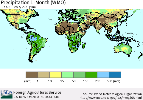 World Precipitation 1-Month (WMO) Thematic Map For 1/6/2021 - 2/5/2021