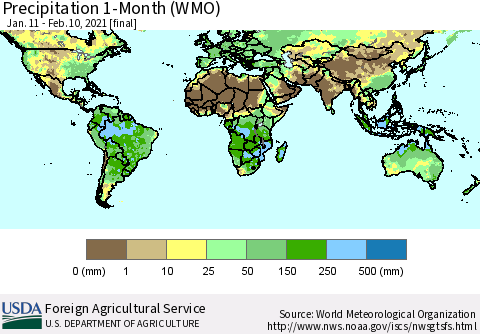 World Precipitation 1-Month (WMO) Thematic Map For 1/11/2021 - 2/10/2021