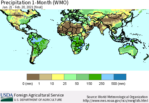 World Precipitation 1-Month (WMO) Thematic Map For 1/21/2021 - 2/20/2021