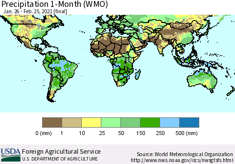World Precipitation 1-Month (WMO) Thematic Map For 1/26/2021 - 2/25/2021